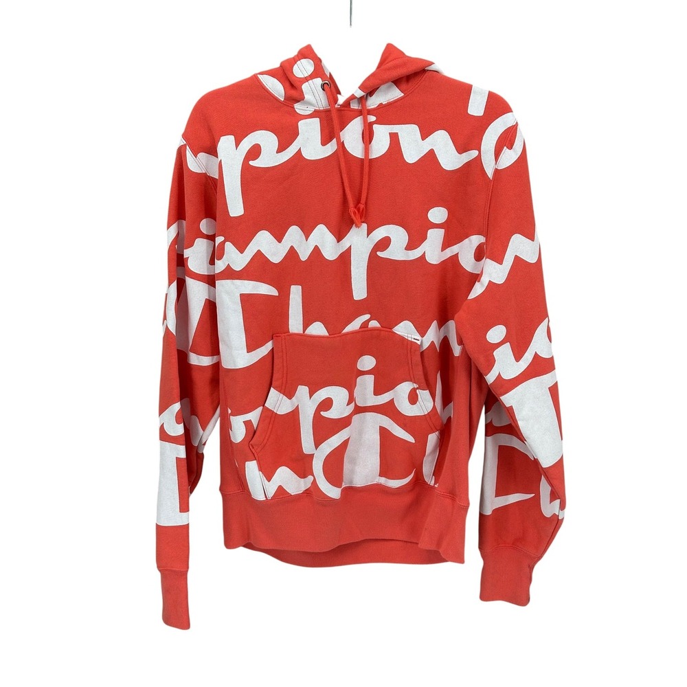 Champion Hoodie Mens Medium Orange Reverse Weave Script Logo Spellout Streetwear
